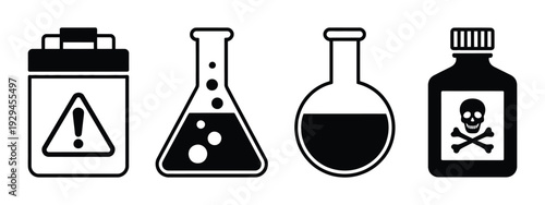 Chemical Container Icon silhouettes of flasks, bottles, and hazard symbols, representing laboratory safety, toxic substances, scientific experiments, and chemistry concept illustration.