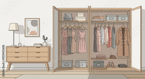 Modern Minimalist Bedroom with Organized Wardrobe and Furniture.