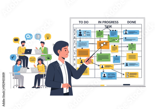 Man pointing at a Kanban board with team working.