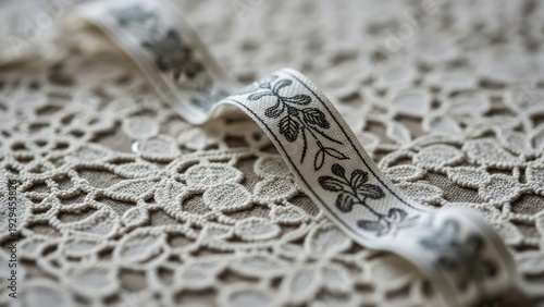 Close-up of ornate cream-colored ribbon with dark floral pattern, atop delicate lace
