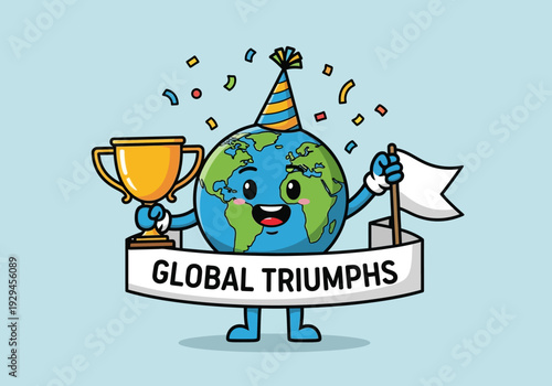 Happy Earth Character Celebrating Global Triumphs with Trophy and Flag.