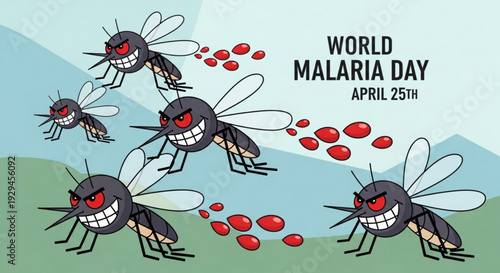 Cartoon mosquitoes with red eyes and smiles on world malaria day april 25th spreading disease