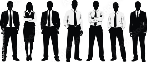 Business people silhouette set with men and woman in formal suits standing isolated on white background, corporate team outline vector illustration collection.