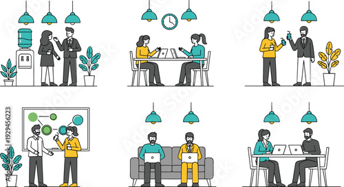Modern business office coworking set with colleagues working on laptops having coffee and collaborating in flat vector style