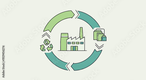 Circular economy concept with factory recycling symbol and arrows depicting process flow and resource management