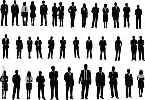 Business people silhouettes collection, professional men and women standing in formal outfits, corporate team lineup isolated on light background, workplace diversity concept