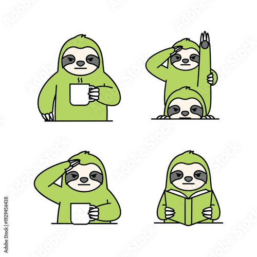 Cartoon Sloth Characters in Various Relaxed Poses with Copy Space
