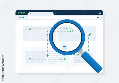 Magnifying Glass Over Digital Browser Window Interface.