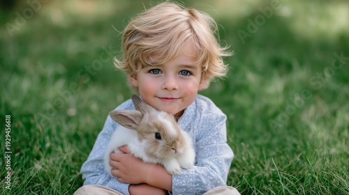 A young boy is holding a rabbit in his arms