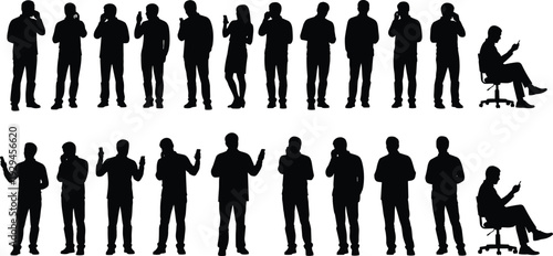 Business people talking on phone silhouette set with standing and sitting poses isolated on white background, communication concept outline vector illustration collection design.