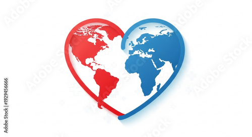 Heart shaped world map in red and blue colors on white background symbolizing love and global unity