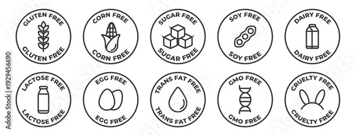 Allergen free icons set. Gluten, corn, sugar, soy, dairy, lactose, egg, trans fat, gmo, and cruelty free icon collection - Stock vector