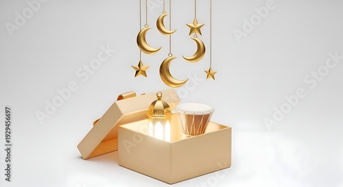 Open gift box revealing Islamic symbols like crescent moons, stars, a lantern, and a drum, celebrating Ramadan and Eid.