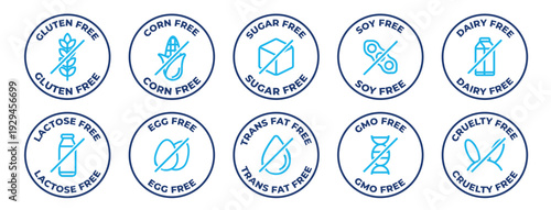Allergen free icons set. Gluten, corn, sugar, soy, dairy, lactose, egg, trans fat, gmo, and cruelty free icon collection - Stock vector