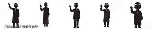 vector silhouette of a muslim little boy standing waving hand