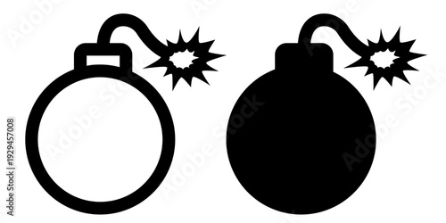 Bomb icon set in black flat solid and outlined style.