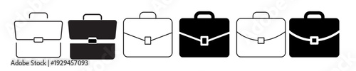 Briefcase icon set in black flat solid and outlined style.