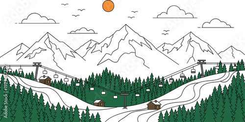 Panoramic line art illustration of a mountain ski resort with cable car lifts pine forests and alpine cabins