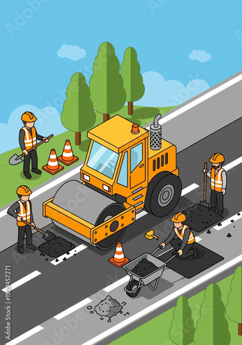 Isometric road construction scene with steamroller and workers.