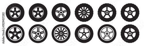 Car wheel Icon set in black color for ui designs