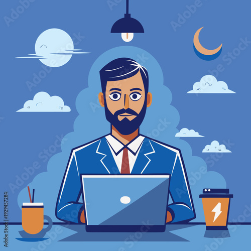 A cartoon man in a blue suit works on laptop at night with clouds and moon in the background, looking surprised or shocked at his screen.
