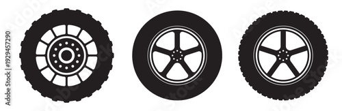 Car wheel Icon set in black color for ui designs