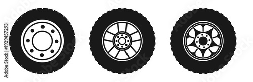 Car wheel Icon set in black color for ui designs