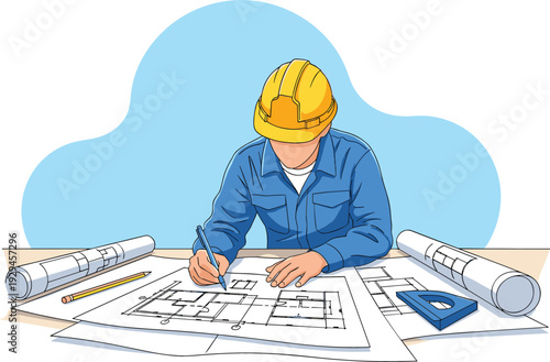 Professional architect or civil engineer in hard hat drafting architectural blueprints on desk with tools and rolled plans