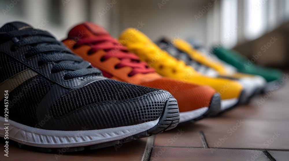 Fototapeta premium Close up view of a row of vibrant athletic running shoes with varying colors and a shallow depth of field