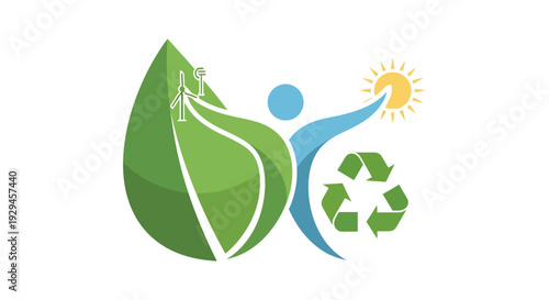 Sustainable Living & Eco-Friendly Energy: Green Leaf, Wind, Solar Power, Recycling & Human Connection to Nature Logo