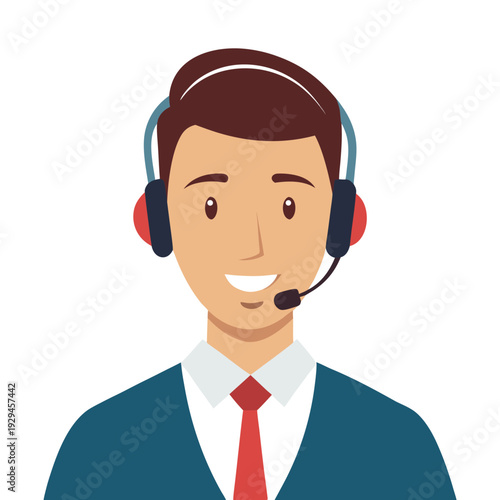 Cartoon illustration of a smiling man wearing a headset and microphone for customer service or call center work with a professional and friendly appearance.