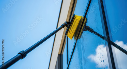 Yellow wash brush on a long pole cleaning a large glass window, concept for commercial cleaning service or springtime house maintenance.