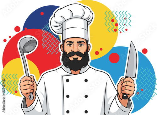 Professional male chef with beard wearing uniform and hat holding ladle and knife in colorful pop art illustration