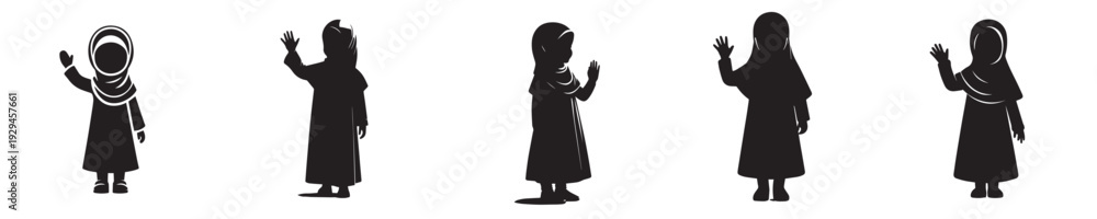 Obraz premium vector silhouette of a muslim little girl standing waving hand