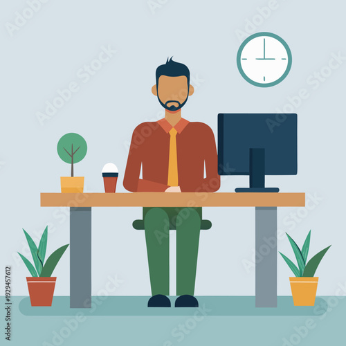 A cartoon man sitting at a desk with a computer and plants, looking busy and focused in a modern office setting with a clock on the wall.