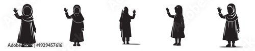 vector silhouette of a muslim little girl standing waving hand