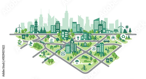 Sustainable Urban Development: Green City Map with Eco-Friendly Buildings, Parks, and Renewable Energy Solutions