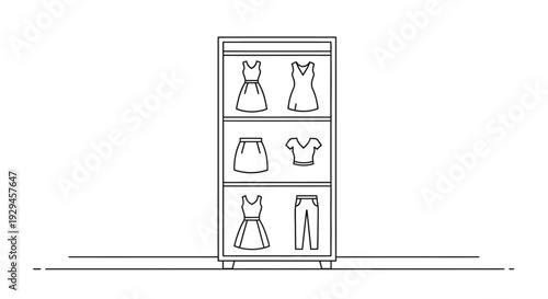 Simple line drawing of a cabinet with various clothing items on its shelves.