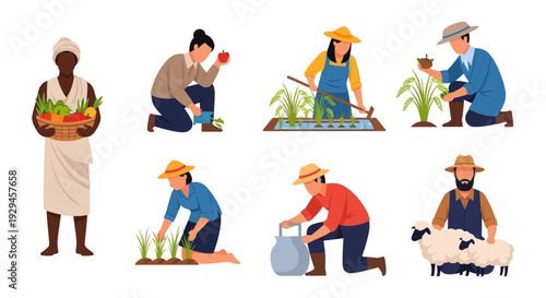 Diverse Farmers & Agricultural Workers Set: Cultivating Crops, Tending Livestock, and Sustainable Farming Practices Vector