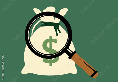 Magnifying Glass Over Money Bag with Dollar Sign.