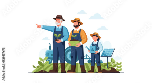 Sustainable Farming Family: Multi-generational Farmers with Seedlings, Tractor & Solar Energy