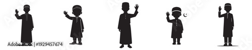 vector silhouette of a muslim little boy standing waving hand