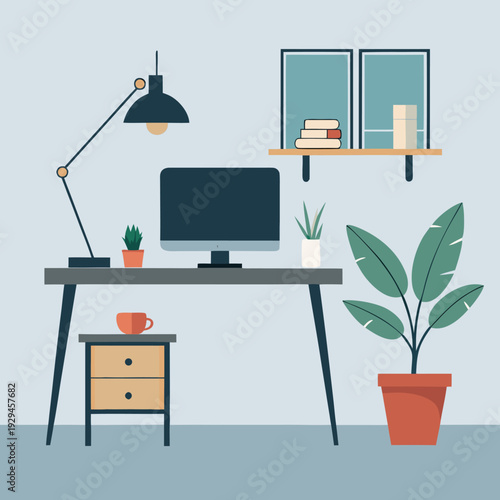 Modern home office setup with computer, lamp, and plants on a desk in a minimalist room with a shelf and blue walls, organized workspace.