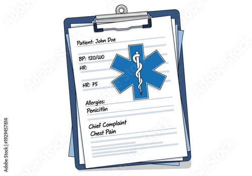 Medical Clipboard with Patient Information and Star of Life Symbol.