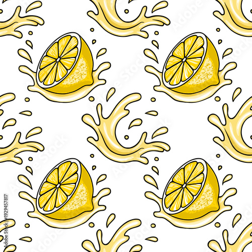 Vibrant lemon slice with splashing juice in a seamless vector pattern