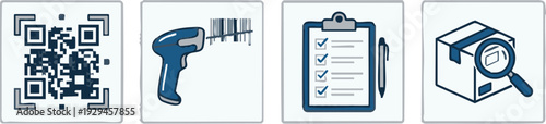 Set of icons depicting essential elements of logistics and supply chain management, including QR codes, barcode scanners, checklists, and package inspection