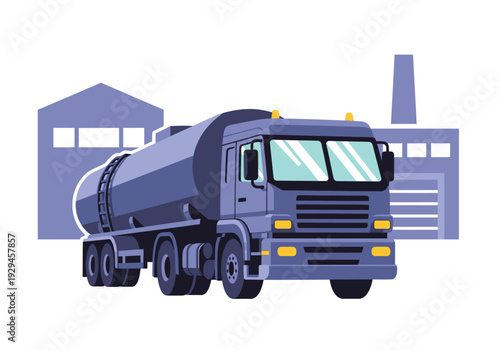 Large blue tanker truck parked in front of industrial buildings.