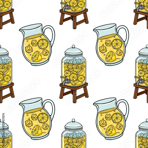 Seamless vector pattern of refreshing lemonade in pitchers and dispensers with ice and lemon slices