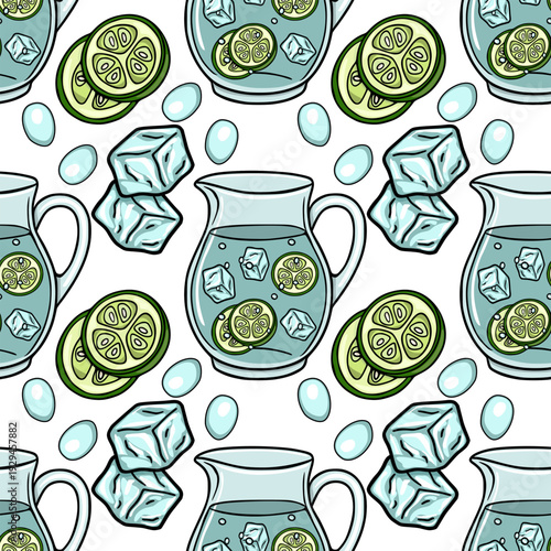 Refreshing cucumber water pitcher seamless pattern vector illustration