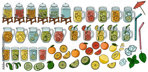 Refreshing citrus drink vector set with lemonade, lime, orange, grapefruit, ice cubes, mint, and garnishes